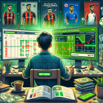 A digital illustration in a modern, semi-realistic style showing a young football fan sitting at a desk with two monitors — one displaying live match stats and the other showing betting odds and prediction charts. A cup of coffee, a notebook with betting notes, and a smartphone showing a betting app are visible on the desk. Background includes posters of football teams and a glowing green “Bet Now” button on screen.