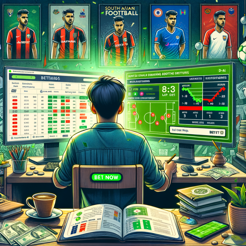 A digital illustration in a modern, semi-realistic style showing a young football fan sitting at a desk with two monitors — one displaying live match stats and the other showing betting odds and prediction charts. A cup of coffee, a notebook with betting notes, and a smartphone showing a betting app are visible on the desk. Background includes posters of football teams and a glowing green “Bet Now” button on screen.